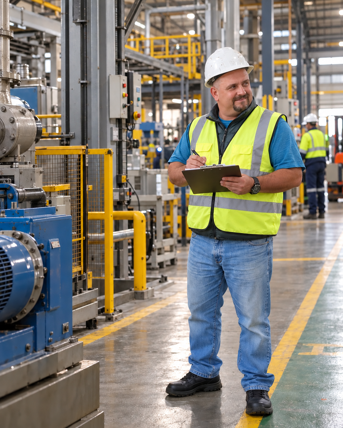 Surveyor with a clipboard in an industrial facility