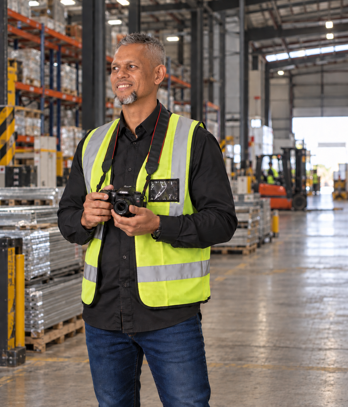 Surveyor holding a camera in a warehouse